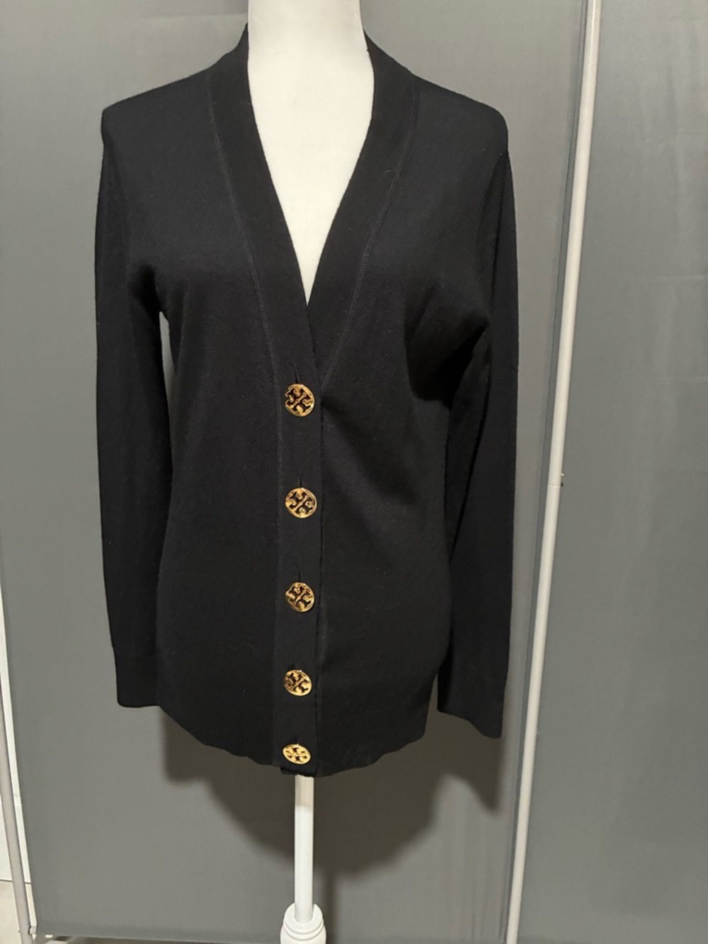 Tory Burch Black V-Neck Cardigan with Gold Logo Buttons